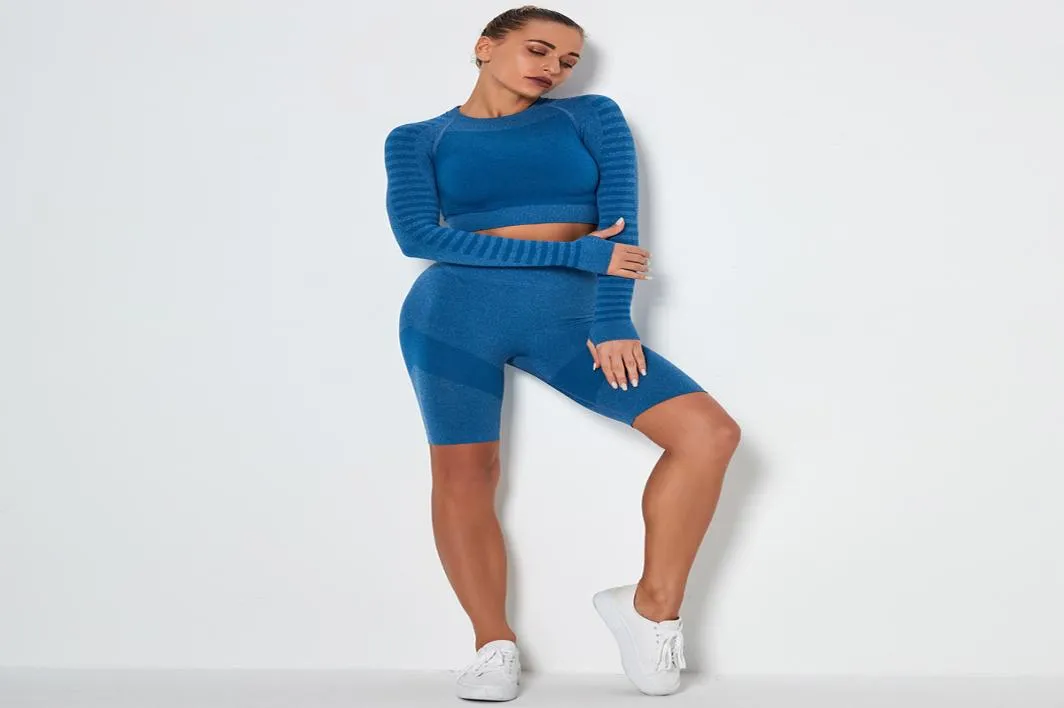 2020 Women039s Yoga-Set nahtlose Sportbekleidung 2-teiliges Set Quick Dry Langarm-Sweatshirt Crop-Top Hohe Taille Laufshorts Y4709153