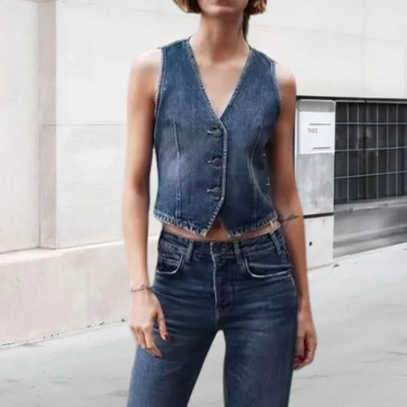 Kamizelki kobiet seksowna kamizelka jeansowa swobodny głęboki v szyja szczupła dopasowanie pojedynczego piersi moda solidna kamizelka streetwear