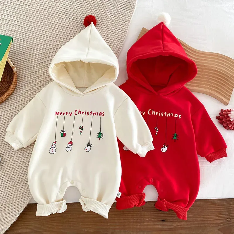 Rompertjes 2023 Kerstkostuum Baby Baby Jongens Meisjes Jumpsuit Met Capuchon Cartoon Afdrukken Pluche Dikker Romper Jaar Kinderkleding 231027