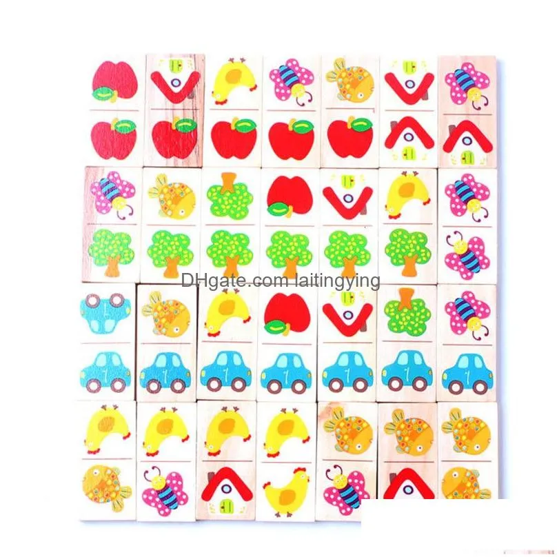 blocks 28pcs wooden fruit animal recognize dominoes games jigsaw montessori children learning education puzzle baby toy 230516