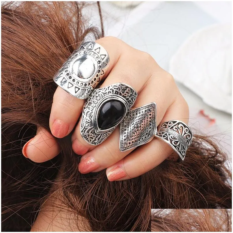 4st/set Vintage Turkish Beach Punk Harts Beads Ring Set Ethnic Carved Sier Plated Boho Midi Finger Rings Knuckle Charm Anell Dhgarden Otyvu