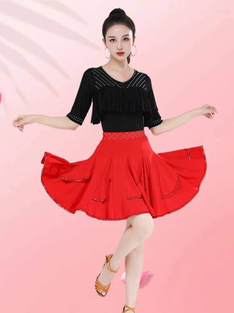 Stage Wear Ruffle Ballroom Dance Standard Urban Modern Suit Classical Mesh Patchwork Tops Women Street Line Latin Girls Rhinestones Skirts