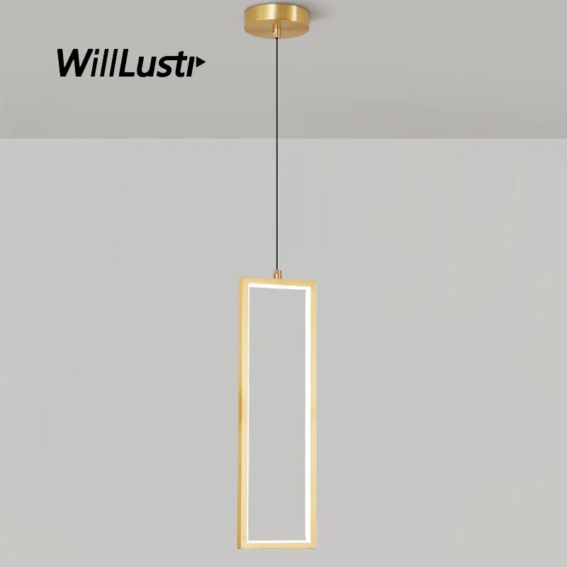 Creative Geometric Frame Pendant Lamp Copper Rectangle LED Suspension Light Hotel Cafe Bar Silica Gel Hanging Ceiling Chandelier