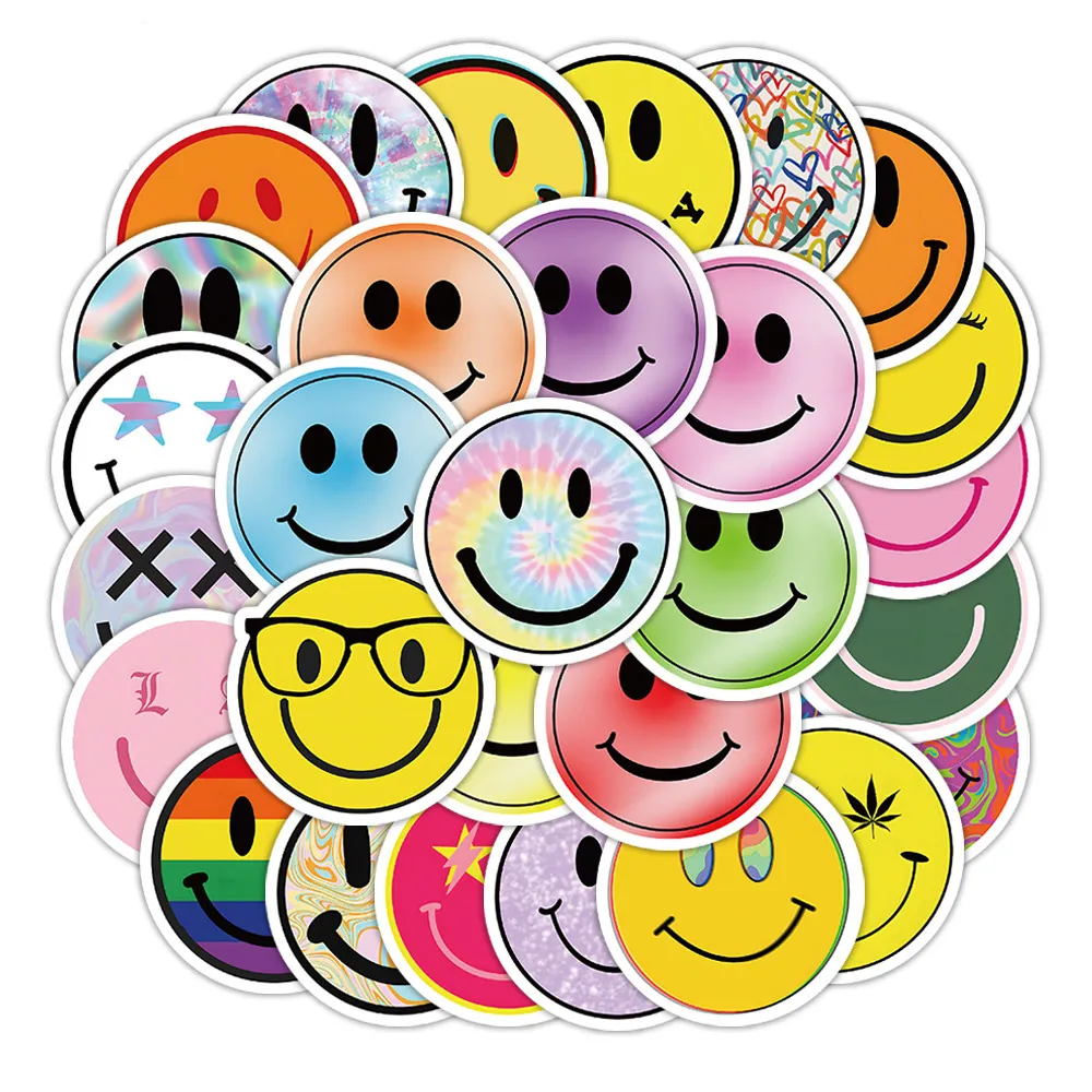 50PCS No Repeat Smiling Face Stickers Mixed Simple Smile Face Graffiti Sticker Phone Case Luggage Guitar Waterproof Decal Bulk Lots