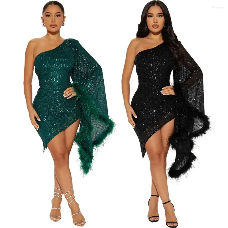 Vestidos casuais lantejoulas brilhantes slash neck mulheres vestido de festa irregular outono inverno natal pena elegante mini bodycon