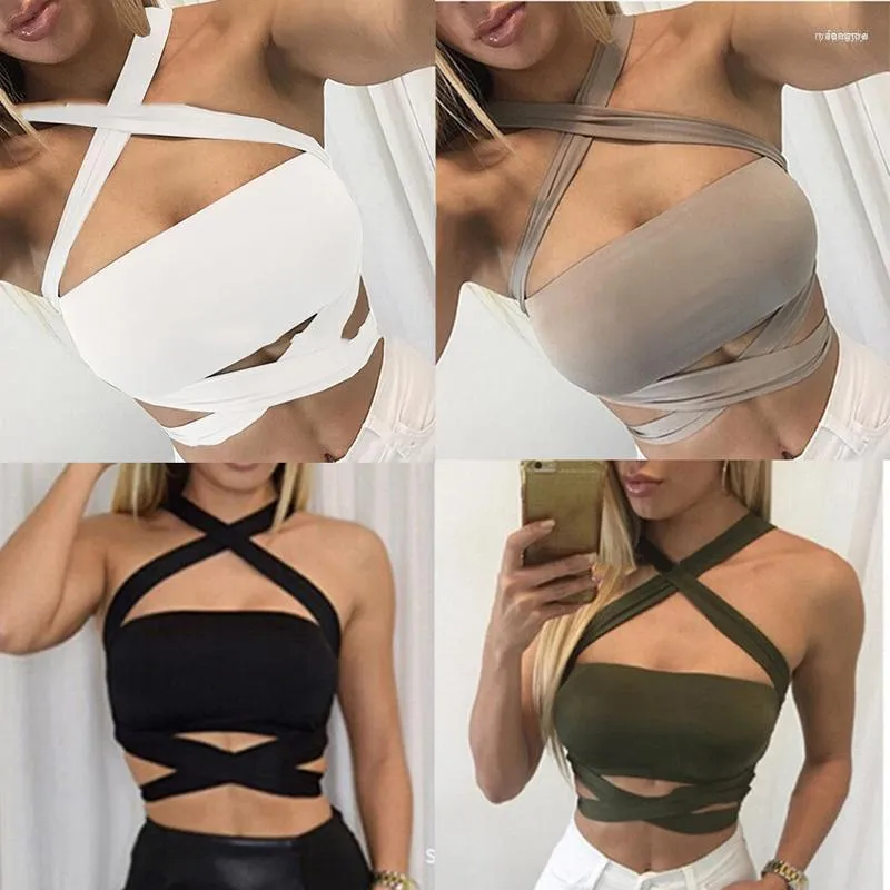 Bustiers & Corsets 2023 Women Sexy Strapless Tube Top Fashion Cropped Bandeau Tops Underwear Bras Halter Lace-Up Bandage Solid Crop