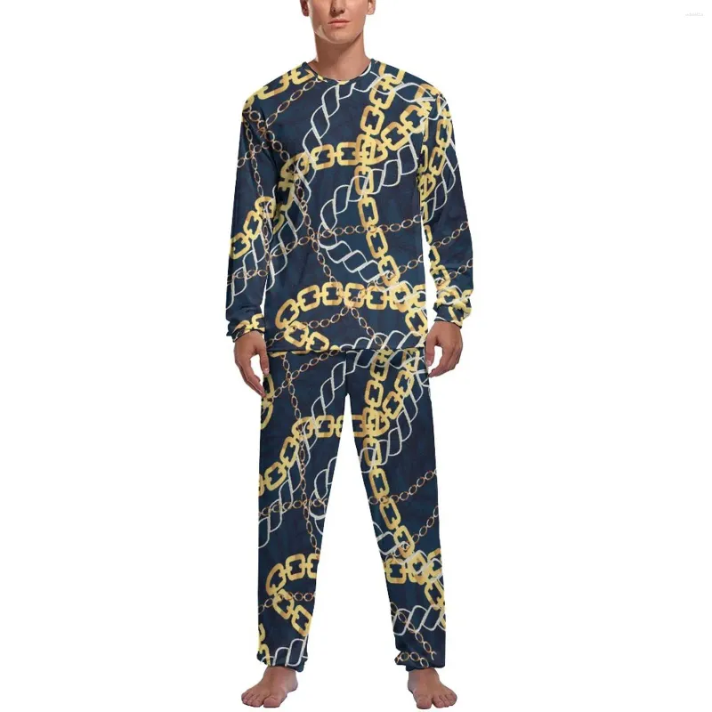 Masculino sleepwear ouro e cinza corrente pijama outono duas peças links impressão legal conjunto masculino mangas compridas casual impresso
