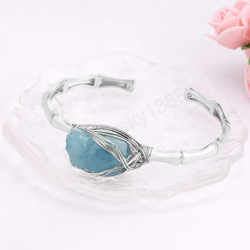 Natuursteen Manchetarmbanden Dames Zilver Kleur Draadgewikkeld Onregelmatige Ruwe Amethisten Aquamarijn Kristal Healing Bangle