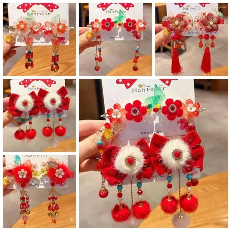 Hair Accessories Plush Children Red Bowtie Hairpin Tassel Flower Hanfu Sticks Tang Suit Clip Cloth Chinese Year Headwear Girls