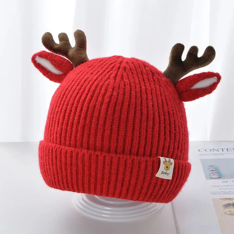 Mützen Hüte Herbst Winter Gestrickte Baby Beanie Nette Deer Ohr Dicke Warme Mütze Einfarbig Mädchen Junge Schutz Kappe Weihnachten geschenk 231027