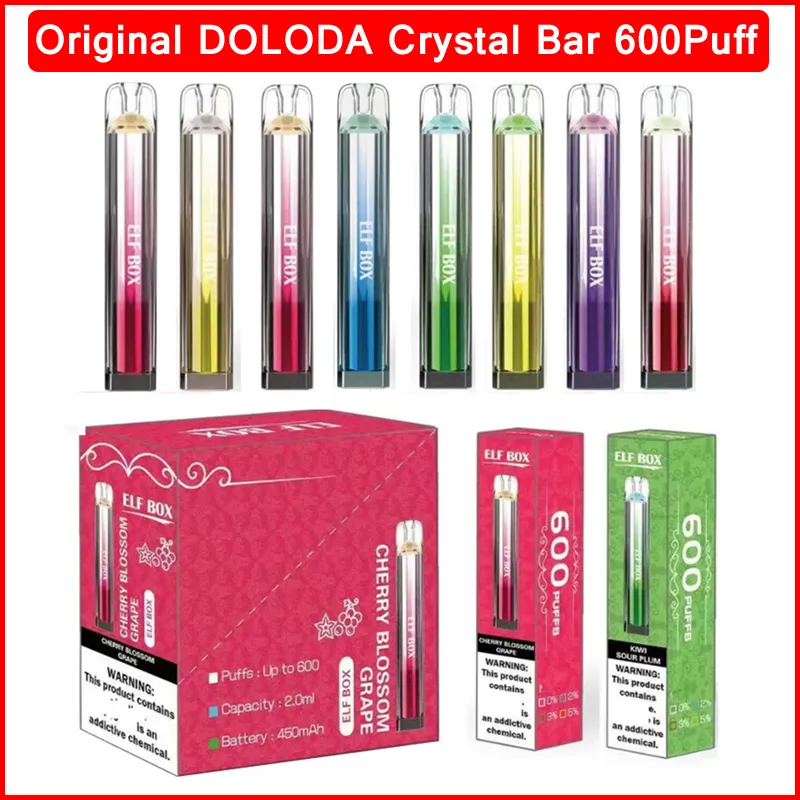 Autentyczny Doloda jednorazowy Vape Pen Pen Crystal Bar Elf Box 600 Puffs Preventent E-papierosy 0% 2% 3% 5% 450 MAH Battey 2ml Pods 10 Smaki