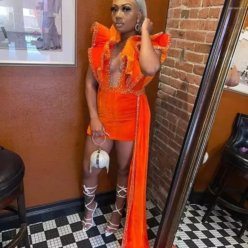 Feestjurken 2023 Sexy Oranje Fluwelen Korte Afrikaanse Prom Voor Zwarte Meisjes Luxe Kristal Afstuderen Jurk Overrok Mini Cocktail