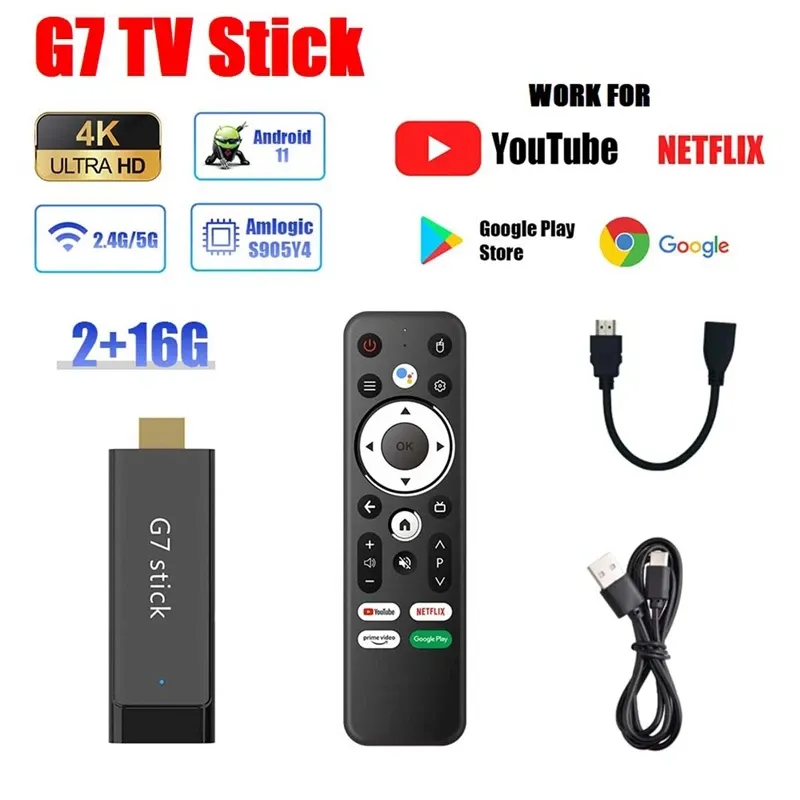 G7 TV 스틱 S905Y4 4K TV 동글 2GB+16GB Android 11.0 스마트 TV 박스 2.4G 5G WiFi Bluetooth 미디어 플레이어 셋톱 박스