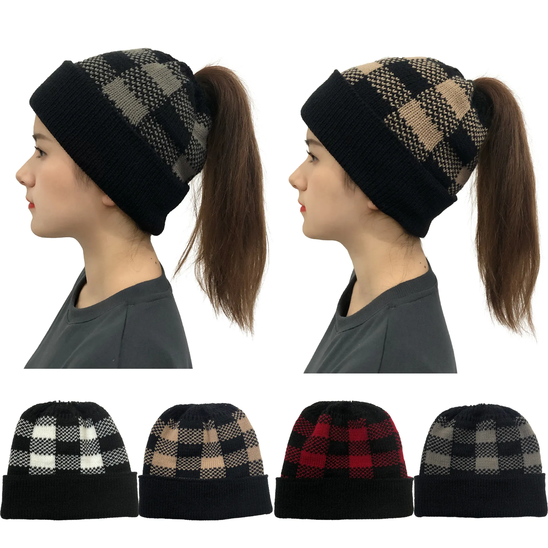 Женская клетчатая шерстяная шляпа для взрослых, женские зимние теплые шапки с хвостиком, вязаные шапки, 4 цвета, домашняя модная повседневная шапка с хвостиком