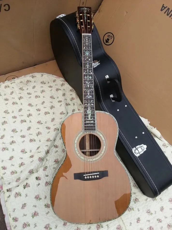 Guitare acoustique à tête fendue personnalisée OOO 100%, avec reliure d'ormeau, dessus en cèdre massif, guitare acoustique de salon