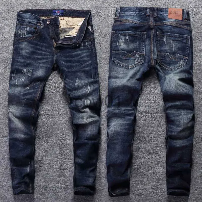 Pantalones para hombres Estilo italiano Moda Hombres Jeans Retro Azul oscuro Elástico Slim Fit Jeans rasgados Hombres Streetwear Vintage Diseñador Pantalones de mezclilla Hombre J231028