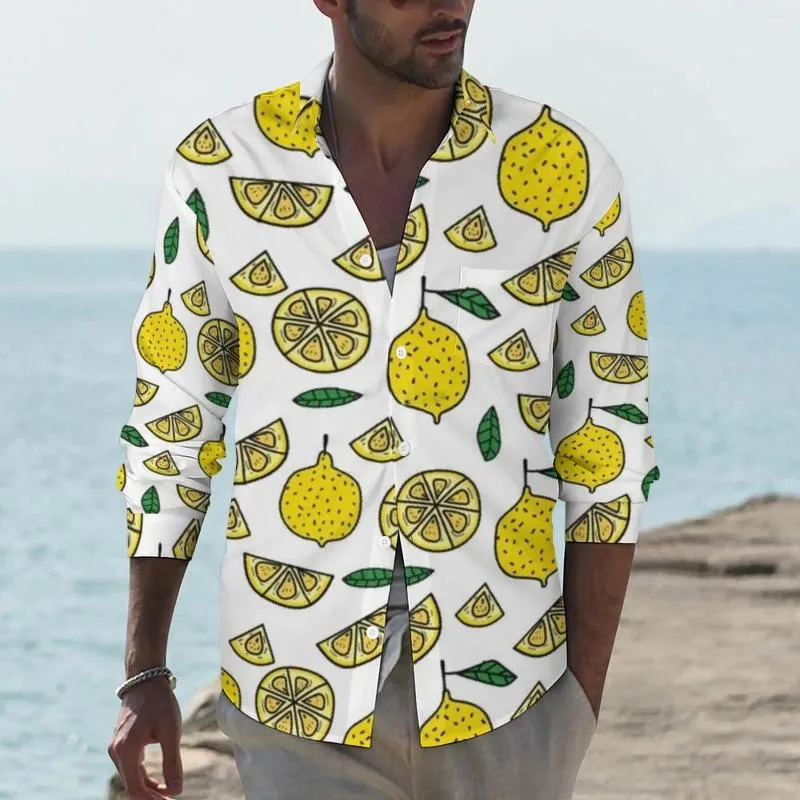 Chemises décontractées pour hommes Chemise de citron Nourriture Feuille de fruits à manches longues Design Y2K Blouses Printemps Tendance Vêtements surdimensionnés