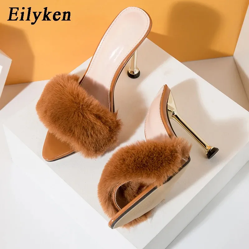 Slippers Eilyken Summer Fluffy Fur Pointed Toe Women Slippers Fashion Design Stiletto High Heels Mules Slide Shoes Slides Ladies Sandals 231027