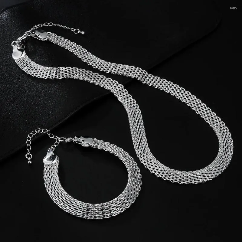 Halsbandörhängen Set Fine 925 Silver Color Net Chain Armband Halsband för kvinnor Korean Fashion Party Bröllopstillbehör Gåvor