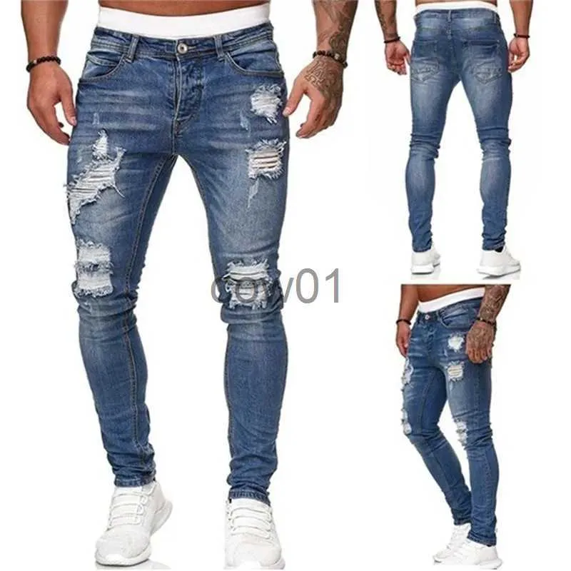 Herrenhosen Vintage Y2K Streetwear Zerrissene Röhrenjeans Für Männer Solide Biker Loch Slim Fit Elastische Denim Cargohose Pantalones Hombre Joggers J231028