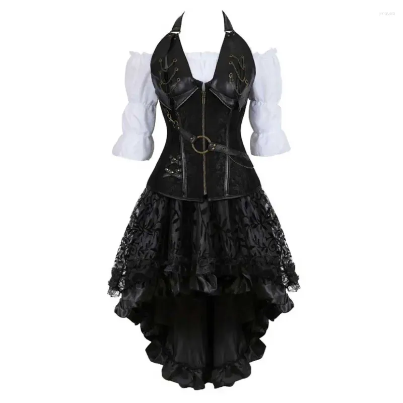 Bustiers Korsetts Sladuo Plus Size Steampunk Korsett Kleid Burlesque Damen Halloween Kostüm Piratenhemd Gothic Dessous Top mit Rock Set