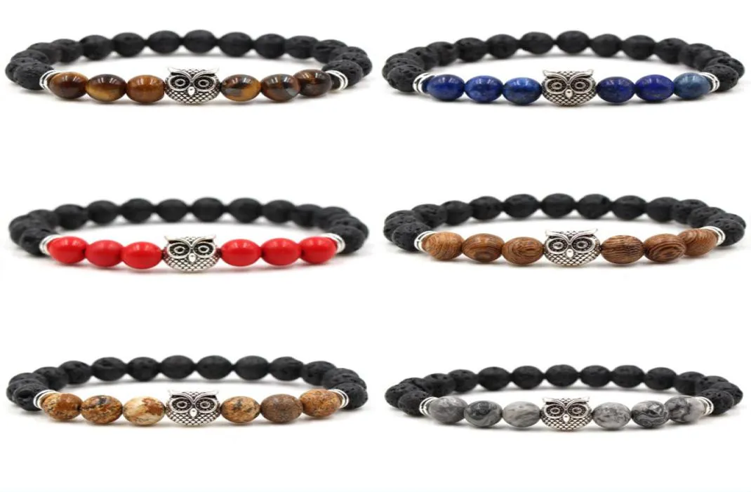 2020 New Design Owl Charm Aromatherapy Essential Oil Diffuser Bracelet Black Lava Stone Bracelet Stretch Yoga Tiger039S Eye Jew8184130