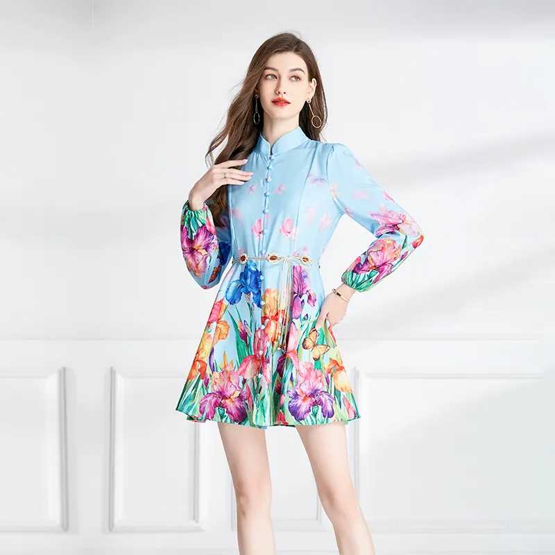 Retro Floral Long Sleeve Mini Dress Women Designer Stand Collar Elegant Print Vacation Blue Short Dresses 2023 Autumn Winter Runway Slim Fit Stylish Party Frocks