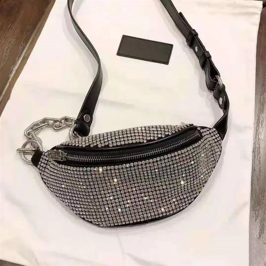 Kvinnor Attica Rhinestone midja väskor mini Fanny Pack Zip Compartment Designer Lady Justerbar cykelkedja Rem Bag251g