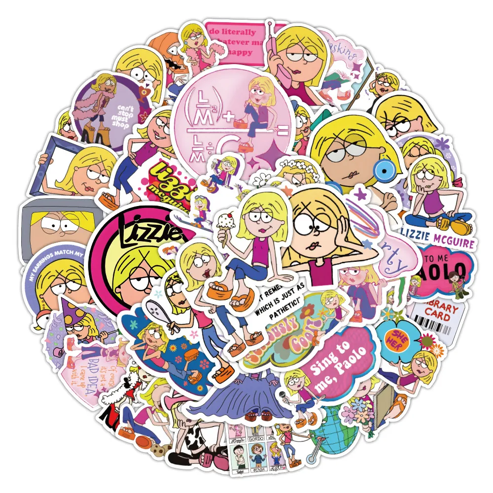 50pcs 반복 만화 없음 lizzie mcguire 스티커 사랑스러운 TV 어린이 낙서 낙서 스티커 전화 케이스 수하물 기타 방수 데칼 벌크 로트