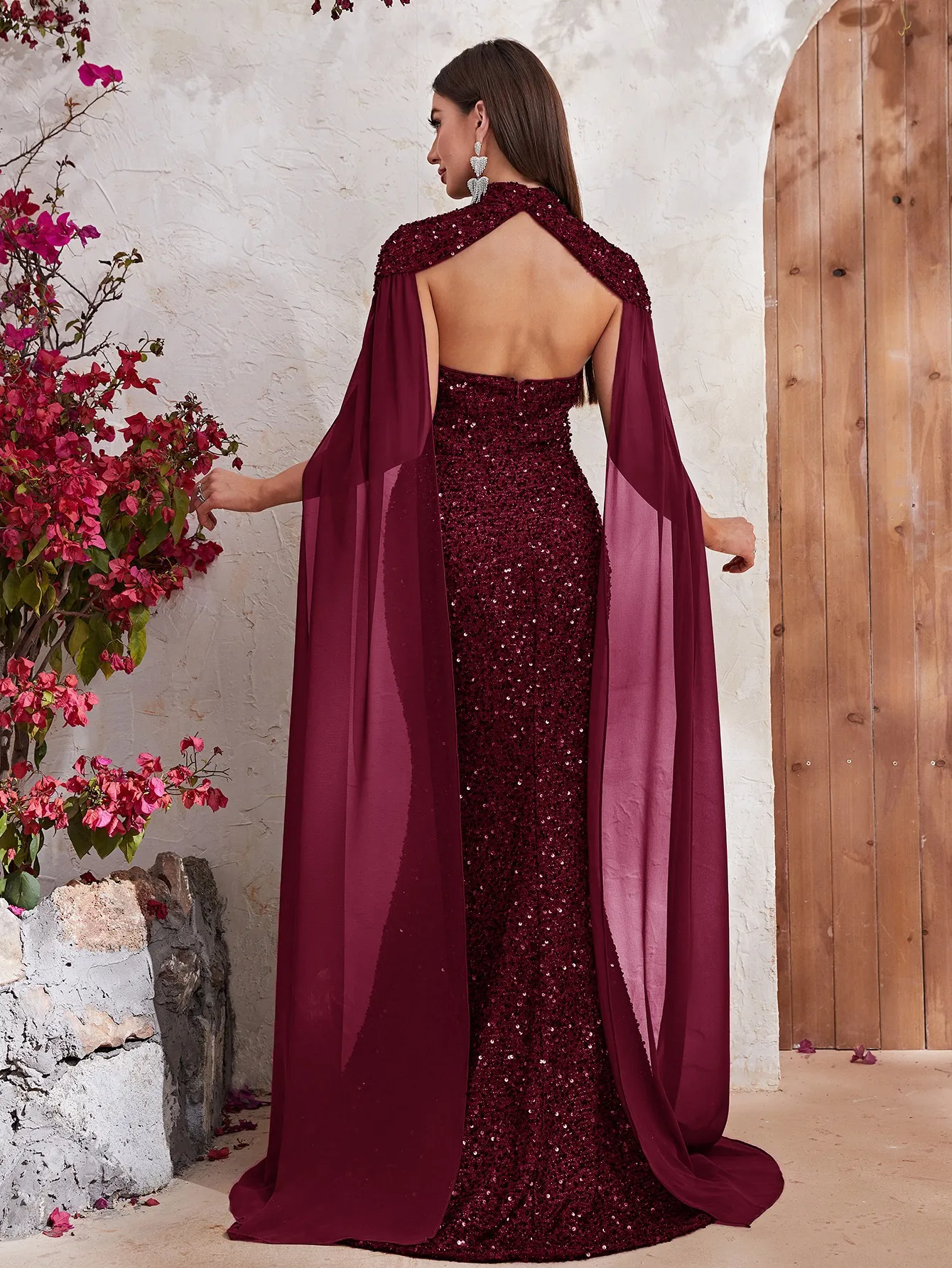 High end Evening dress sequin neck hanging shawl chiffon long sleeved dress fishtail long dress Dubai ArabMGT610-2