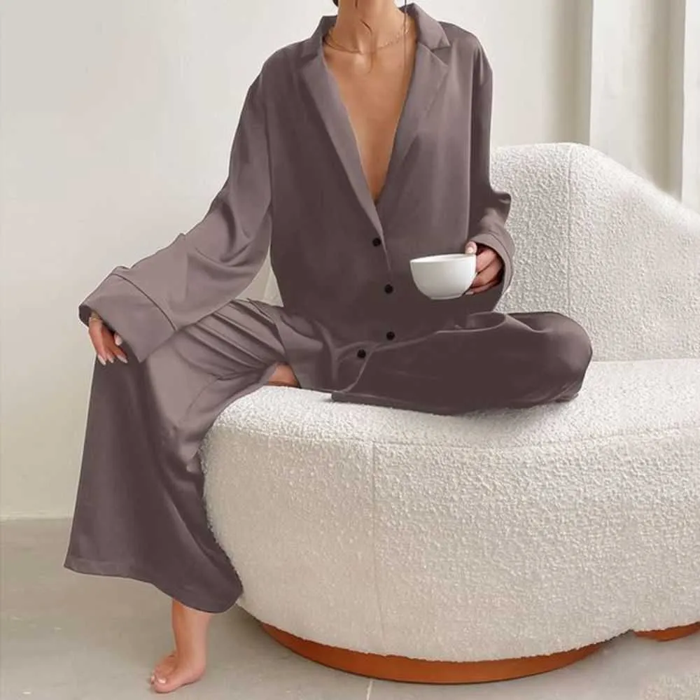 Home Clothing Women's Womens Hiloc Oversized Satin Silk Sleepwear Low Cut Sexy Pajamas for Women Singlebreasted Long Sleeves Wide LegMLLJ