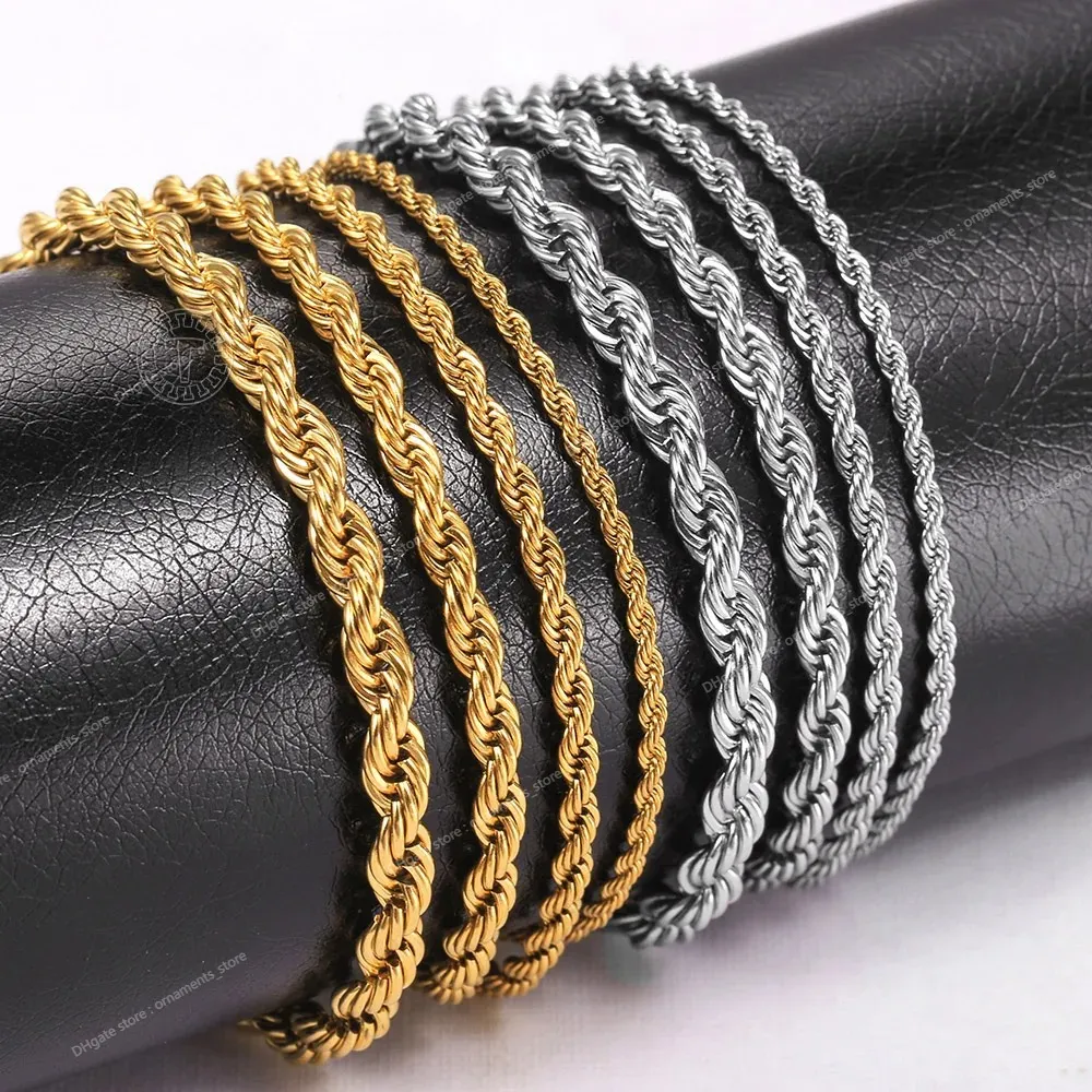 2-6mm Gold Silver Color Rope Chain Bracelets For Men Women Stainless Steel Twisted Rope Link Chain Anklet Adjustable DKB682 Fashion JewelryBracelets