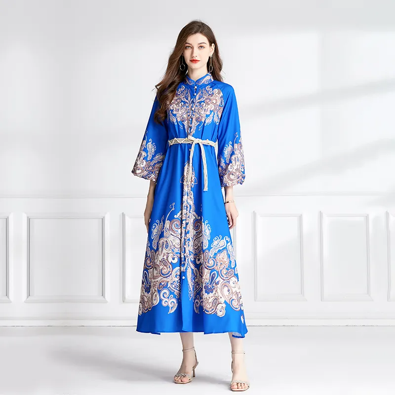 Robe longue bleue à manches lanternes pour femmes, de luxe, de styliste, col montant, Slim, vacances, robes bohèmes, automne hiver, piste élégante, robes de fête, 2023