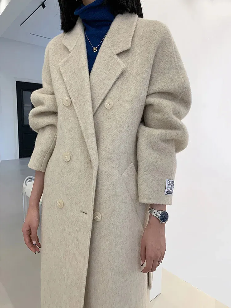 Wełniane mieszanki damskiej Wyshend Women Herringbone luźne podwójna płaszcz temperament ręcznie robiony naturalny kurtka modowa jesienna zima 231027