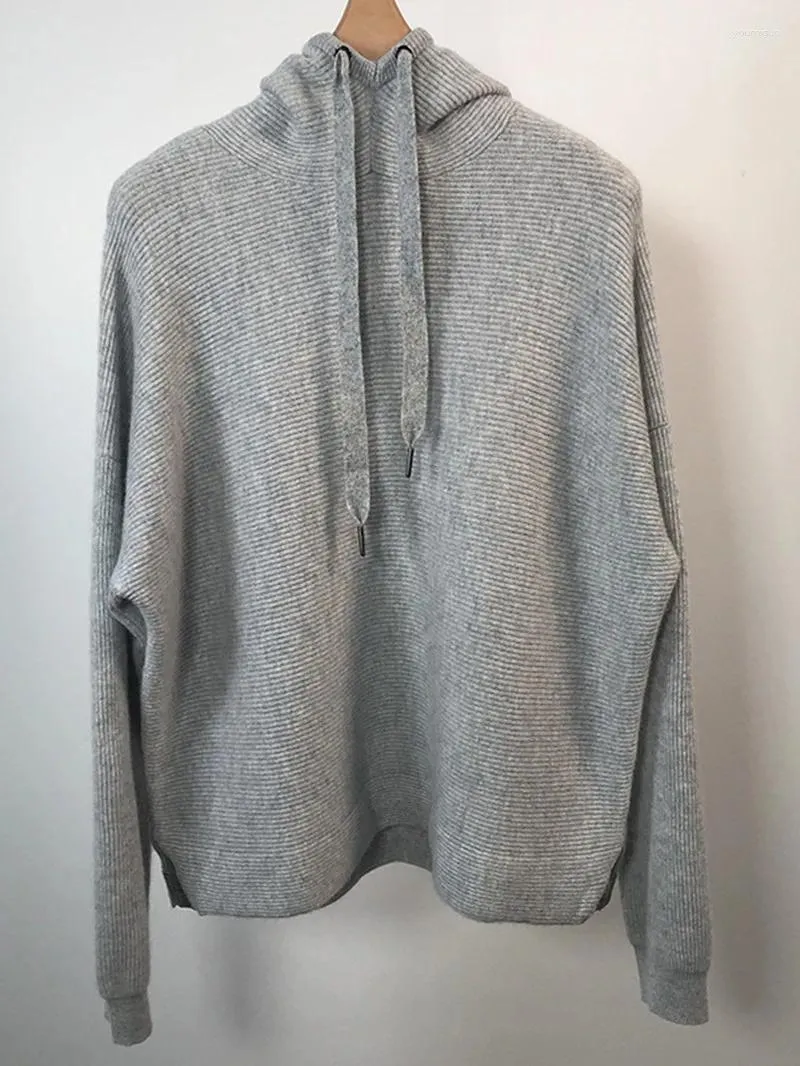 Kvinnors tröjor 2023 Autumn Grey Drawstring Hooded Knit Pullover Pärled Decor Loose Ladies Cashmere Sticked Hoodie tröja