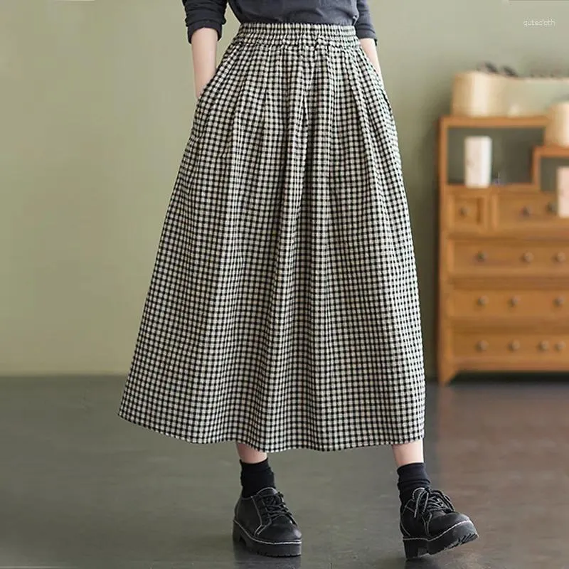 Röcke Baumwolle Plaid Lange Für Frauen Mode 2023 Hohe Taille Koreanische Harajuku Maxi Rock Faldas Largas Vintage Kleidung