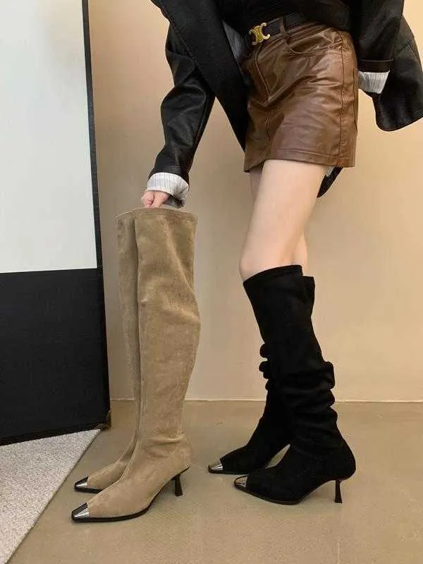 2023 Slim Boots zeigen schlankes Temperament, Overknee-Stiefel, würzige Mädchenstiefel, French High Heel Stacked Long Sleeve Knight Damenstiefel 231028