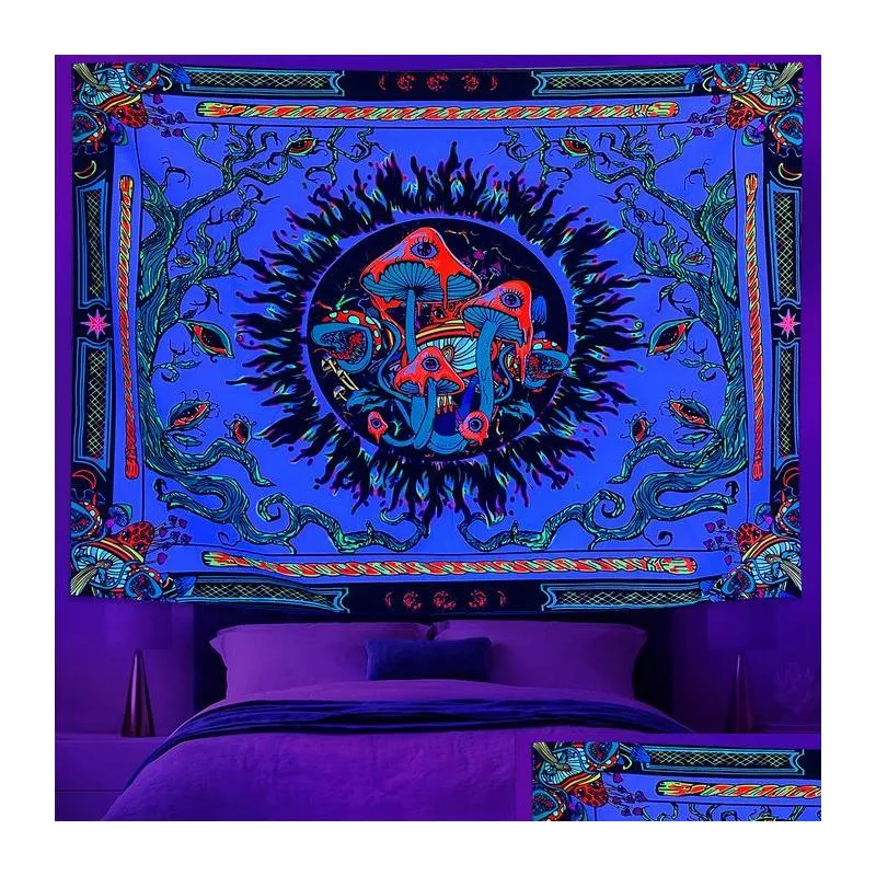 Tapestries 1Pc Mushroom Mandala Rattan Escent Tapestry Uv Black Light Decorative Pattern Wall Hanging For Living Room Bedroom 230926 Dhhxw