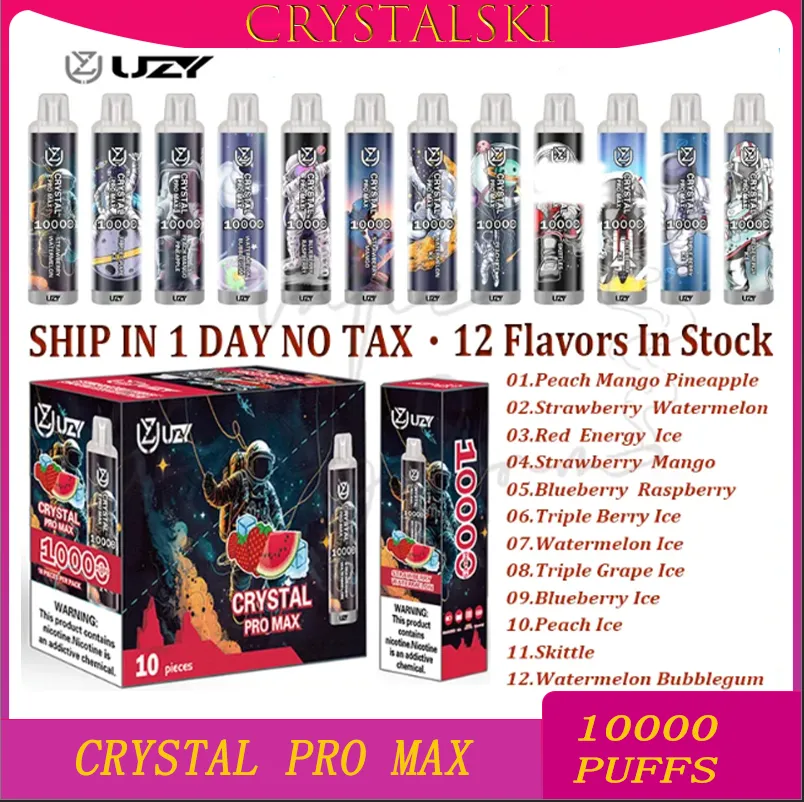 Оригинальные одноразовые электронные сигареты UZY Crystal Pro Max 10000 Puff 1,2 Ом с сетчатой катушкой 16 мл Батарея для капсул Перезаряжаемые электронные сигареты Puff 10K 0% 2% 3% 5% RBG Light Vape Pen