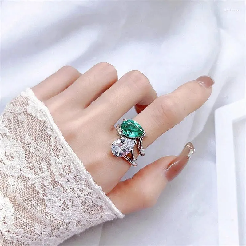 Bagues de cluster 2023 Goutte d'eau Vert Blanc Double Couleur CZ Bague pliante pour femmes de mariage de fiançailles bijoux cadeau de Saint Valentin