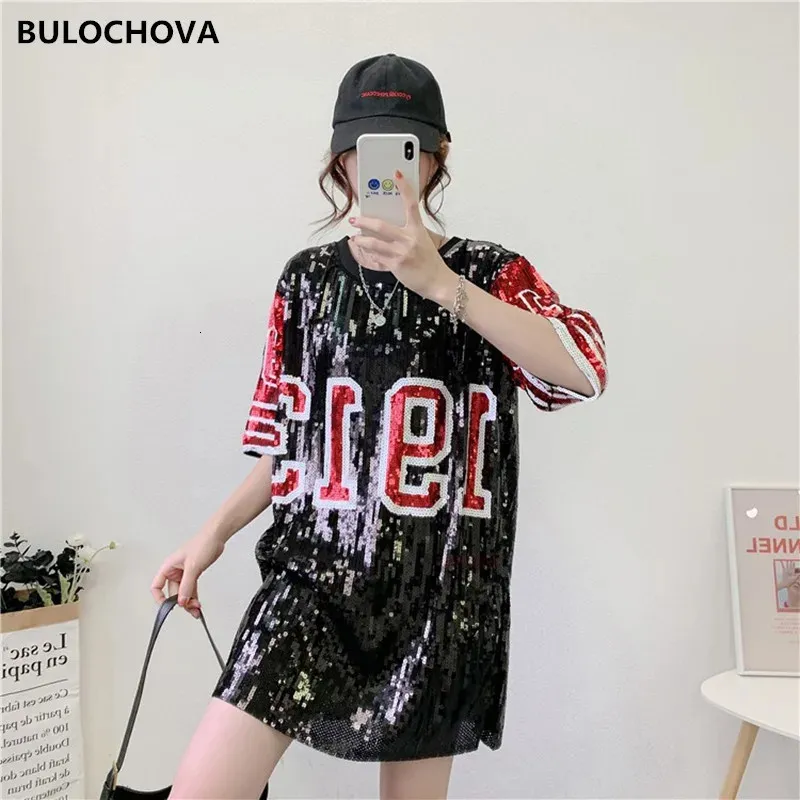 Urban Sexy Dresses BULOCHOVA Fashion Women Pullovers Print Sequins Straight Long T Shirt Dress Stage Nightclub Party Loose Mini Dresses 231027