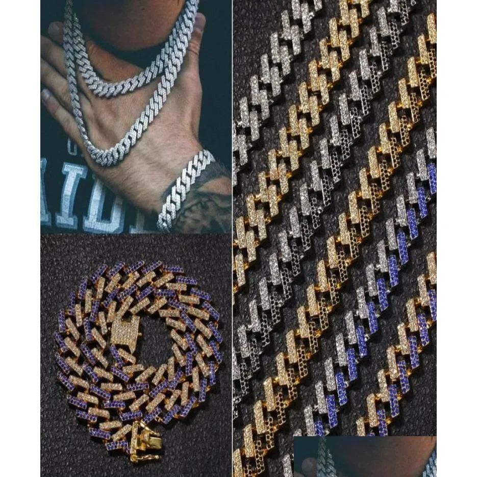 Łańcuchy Hip Hop Bling Łańcuchy Biżuteria Mężczyźni mrożone naszyjnik złoto sier czarny niebieski diament Miami Cuban Link Chain4144605 Drop dostawa Żyd OTQ4A