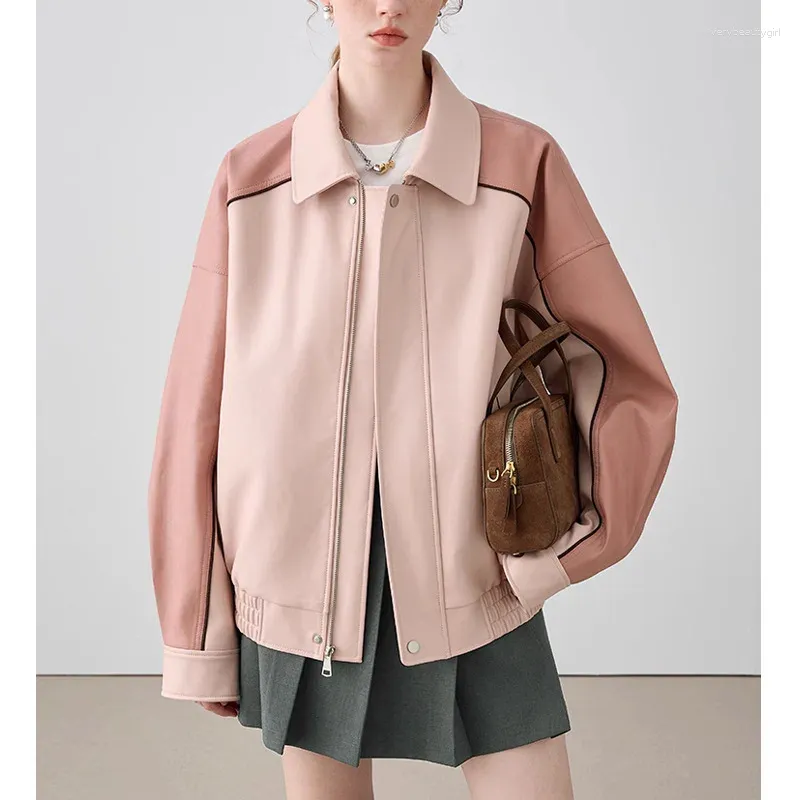 Giacche da donna Giacca in pelle Versatile autunno e inverno Vestibilità ampia Moda retrò Pu Colore coordinato Cappotto Top rosa femminile