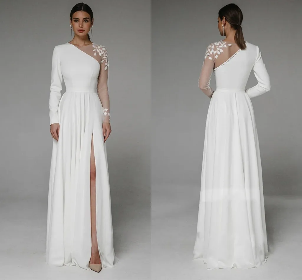 Asymetryczna sukienka ślubna z bocznym szczeliną długie rękawie cywilna suknia ślubna impreza dla przycisku panny młodej Długość podłogi Kobiety szatą de mariee vestidos de noiva