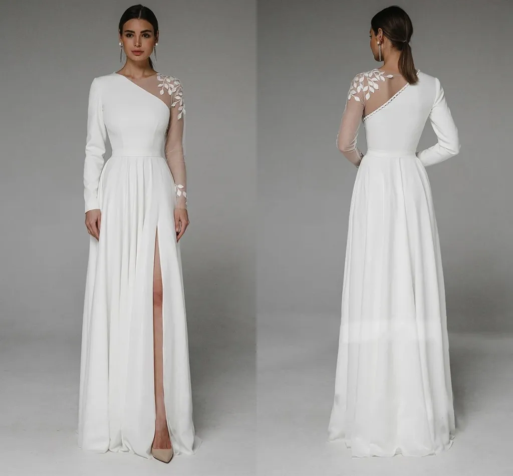 Vestido De novia con abertura lateral asimétrico, vestido De novia civil De manga larga, fiesta para novia, apliques con botones, longitud hasta el suelo, bata De Mariee, Vestidos De novia