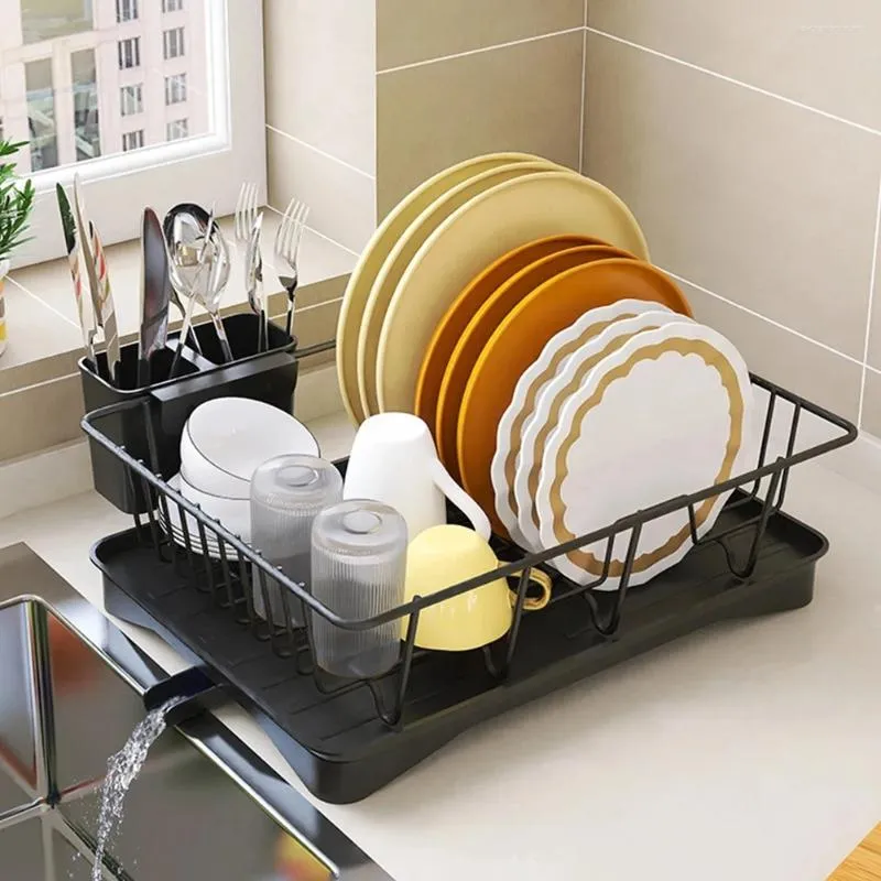 Kitchen Storage Bowl Drying Rack Metal Dish Racks Saving Space With Wine Glass Holder Automatic Drainage System For Counter