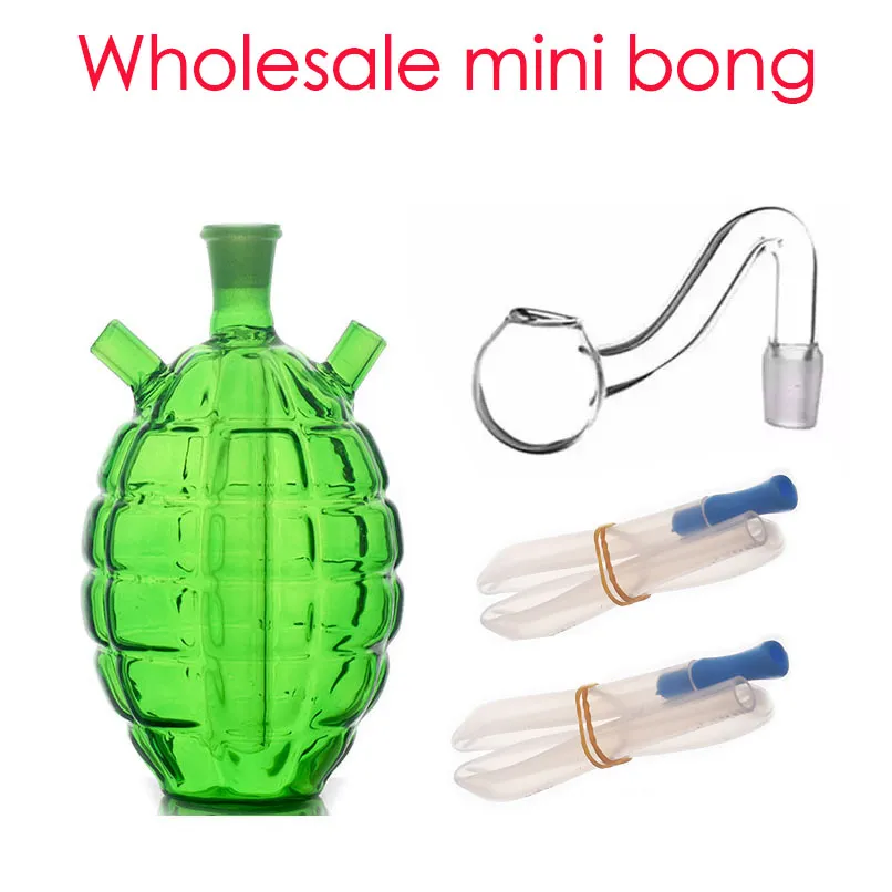 Mini narghilè verde granata anticarro all'ingrosso mini Protable Creative il più recente bong da 10 mm per acqua femminile con bruciatore a nafta in vetro e doppio tubo di paglia in silicone