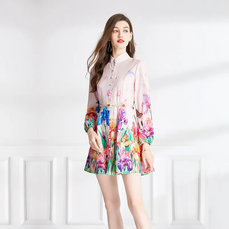 Retro Floral Women Pink Mini Dress Cotton Blend Stand Collar Lantern Sleeve  Autumn Party Dress from Dhgate Runway Dresses - price 38.91