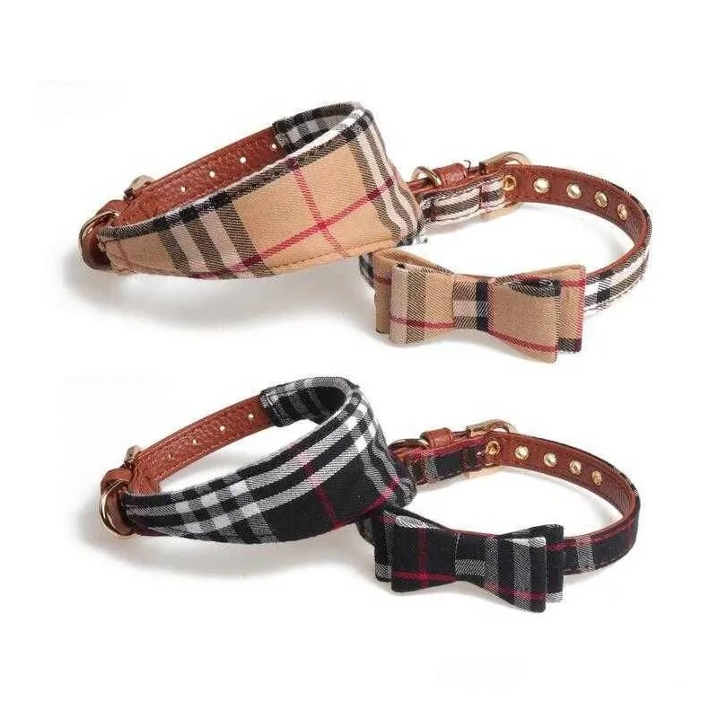 Hundhalsar Leases Top Quality Fashion Dog Collar and Treh Set With Bow Triangle Handduk Tie Pretty Metal Buckle Small Cat Pet Acces Dhkoy