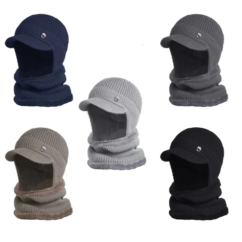 Scarves Mens Winter Beanie Hat Circle Scarf Set Warm Knit Thick Fleece Lined Slouchy Earflap Skull Cap with Visor Neck Warmer 231027